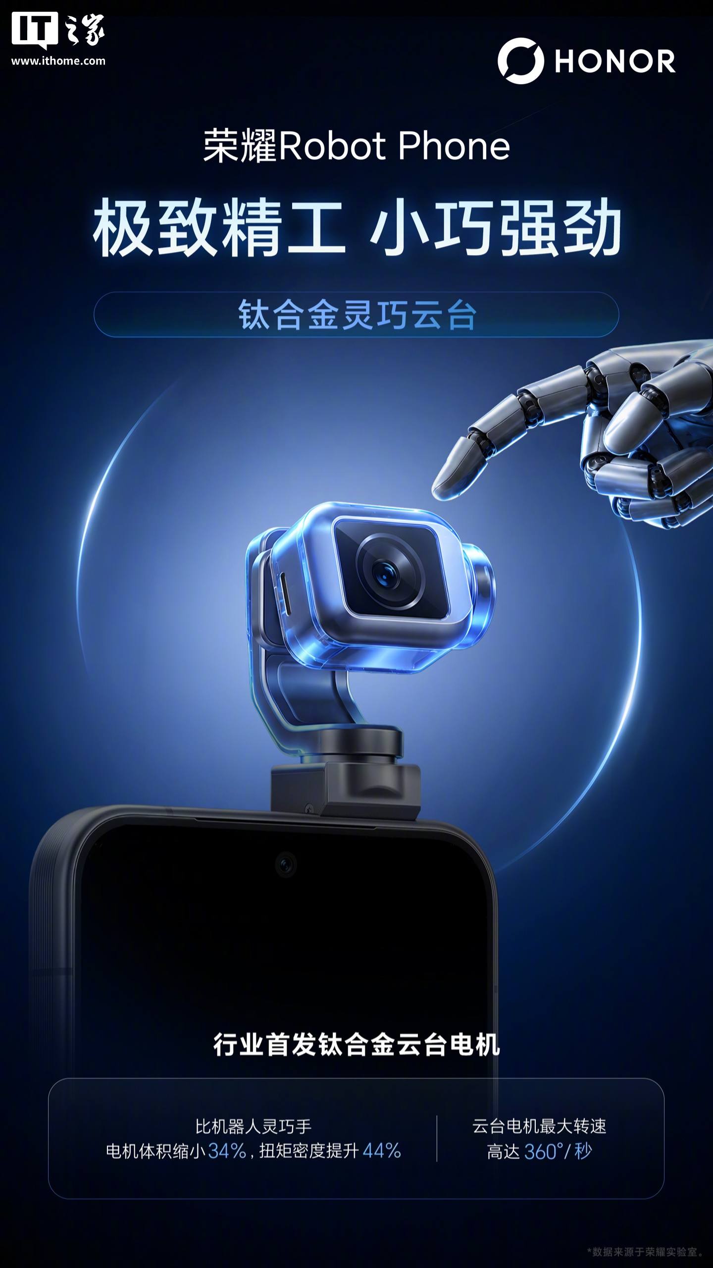 荣耀 Robot Phone 官宣采用钛合金灵巧云台:电机最大转速 360°/秒,新机 8 月 12 日发布
